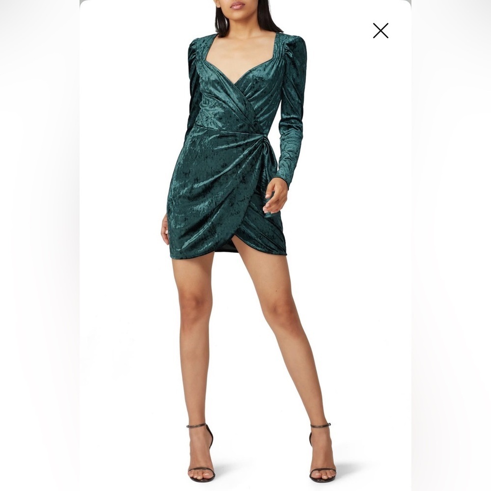 Saylor Velvet Drape Long Sleeve Wrap Mini Dress Dark Green Small